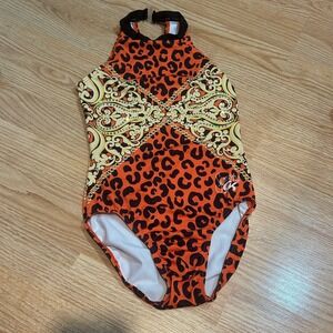 Simone Biles GK Elite Gymnastics Leotard Orange Leopard Baroque Rhinestone
